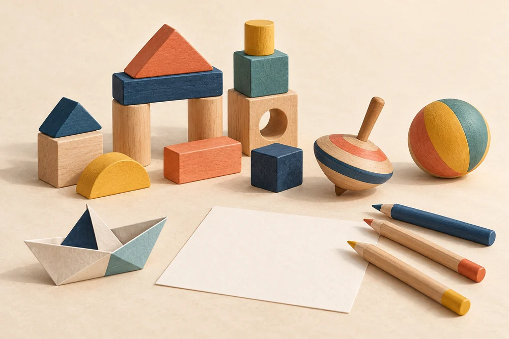 Holzbausteine, Kreisel, Ball, Buntstifte und ein Papierboot